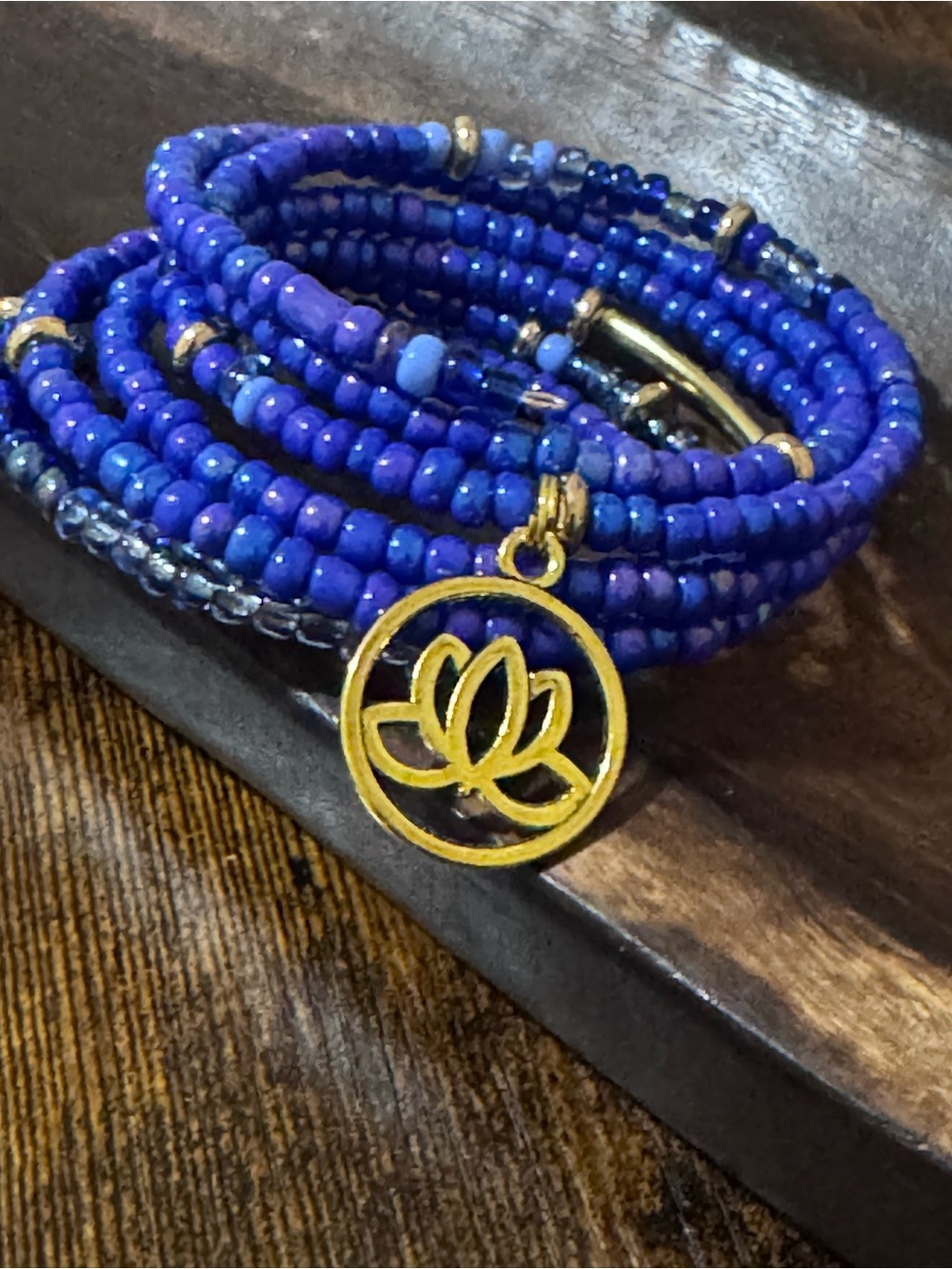 Artisan Blue Beaded Wrap Bracelet with Gold Lotus Charm